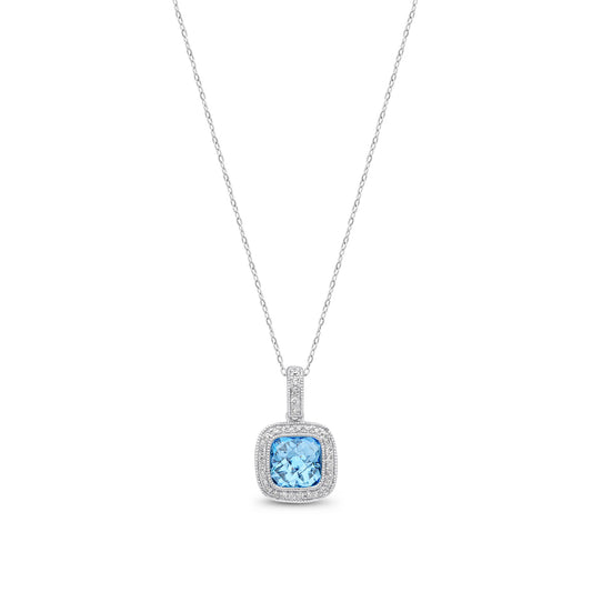 9ct White Gold Cushion Natural Swiss Blue Topaz and Diamond Millgrain Halo Pendant