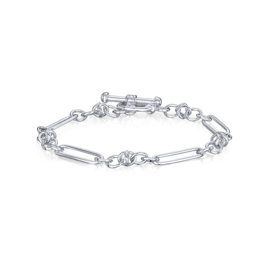 Sterling Silver Handmade Solid 5mm Long Oval Knot Bracelet with T-Bar Clasp