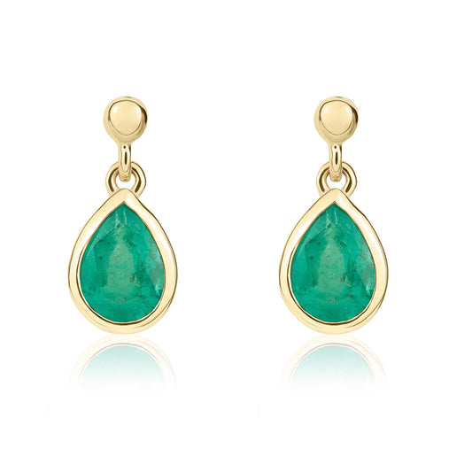 9ct Yellow Gold Pear Shaped Natural Emerald Drop Earrings — 6x4mm