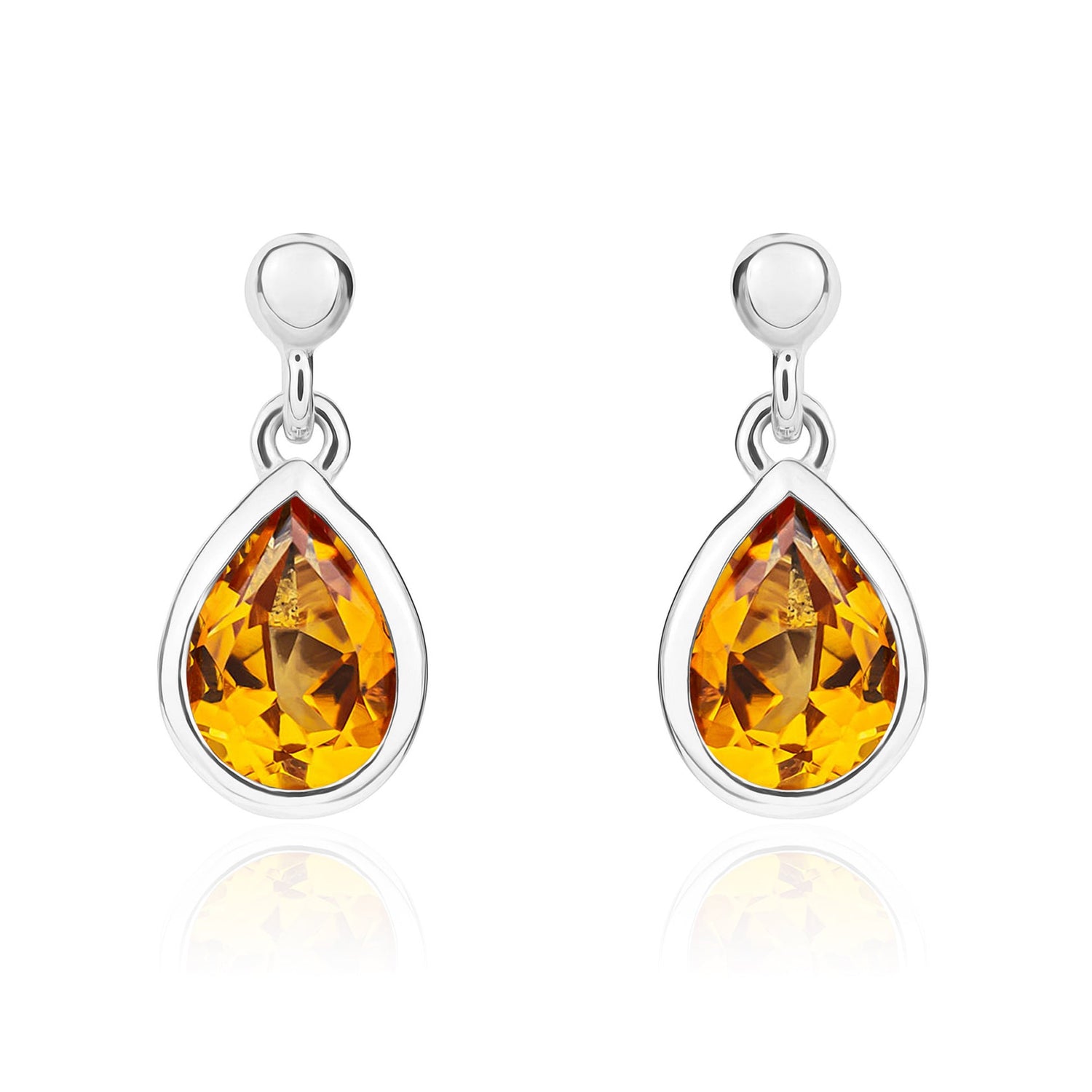 9ct White Gold Pear Shaped Natural Citrine Rubover Drop Earrings with Bead Tops — 7x5mm