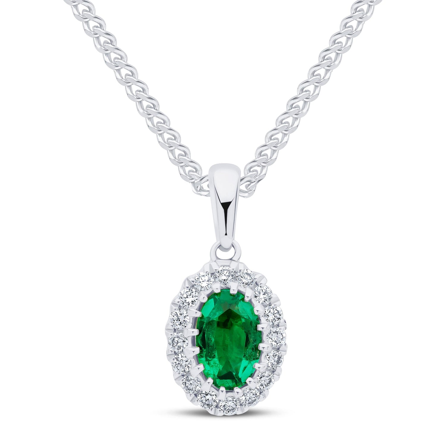 18ct White Gold Oval Natural Emerald and Diamond Cluster Pendant