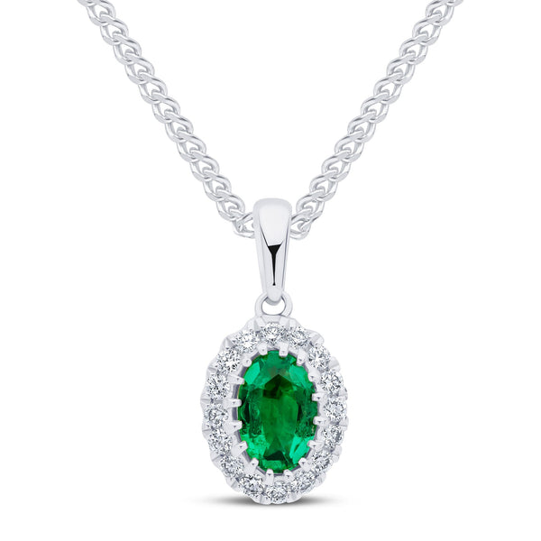 18ct White Gold Oval Emerald & Diamond Cluster Pendant