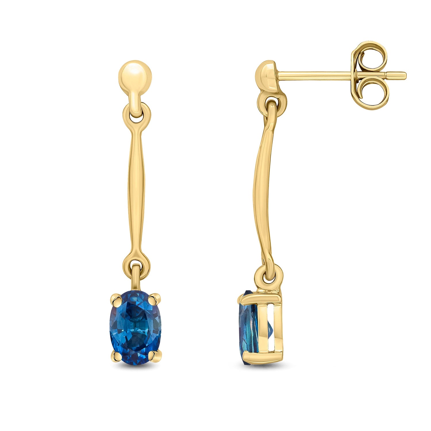 9ct Yellow Gold Oval Natural Sapphire Claw Bar Drop Earrings with Bead Tops — 6x4mm