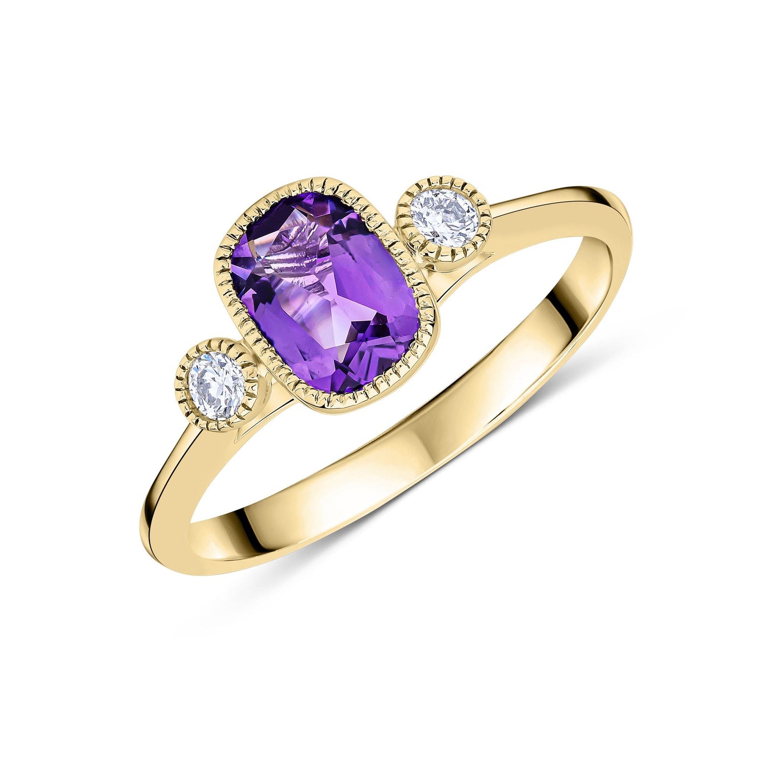 9ct Yellow Gold Cushion Amethyst & Round Diamond Millegrain Set Three Stone Ring — 7x5mm