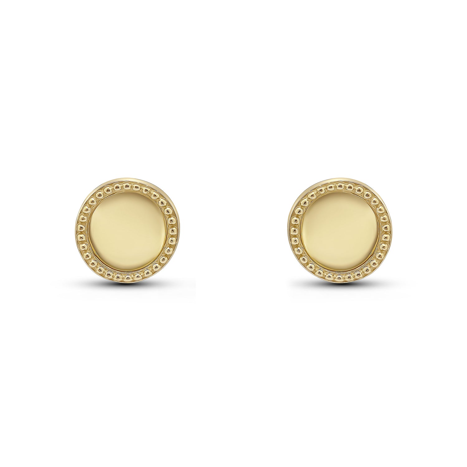 9ct Yellow Gold Beaded Edge Round Circle Stud Earrings -- 6.3mm