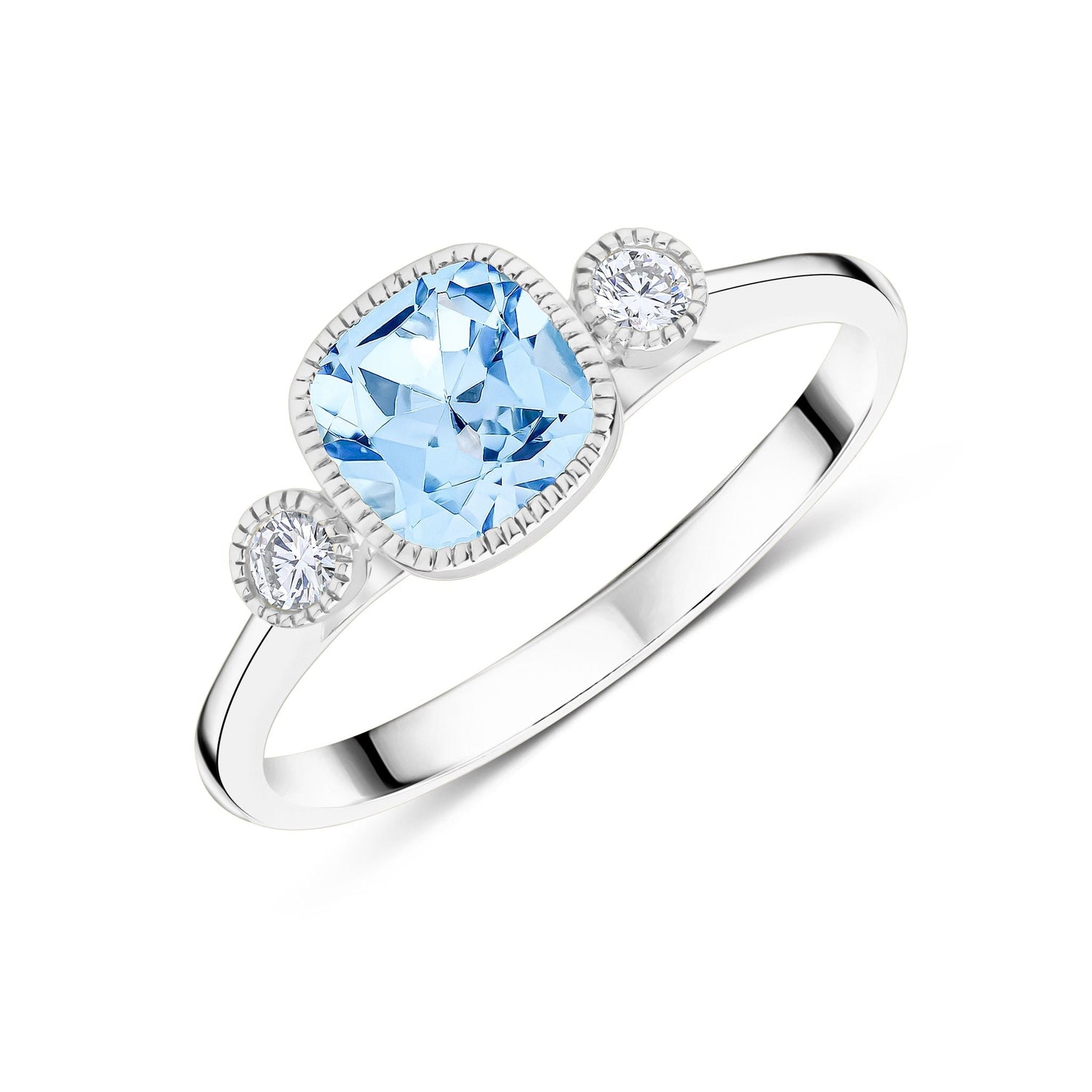 9ct White Gold Cushion Natural Aquamarine and Round Diamond Millegrain Set Three Stone Ring — 6mm
