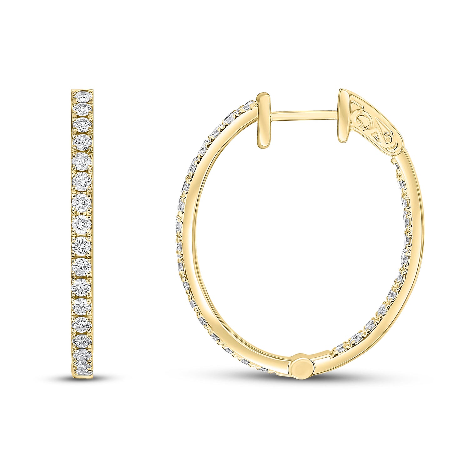 18ct Yellow Gold Oval Full Natural Claw Set Diamond Hoop Earrings —27x23mm