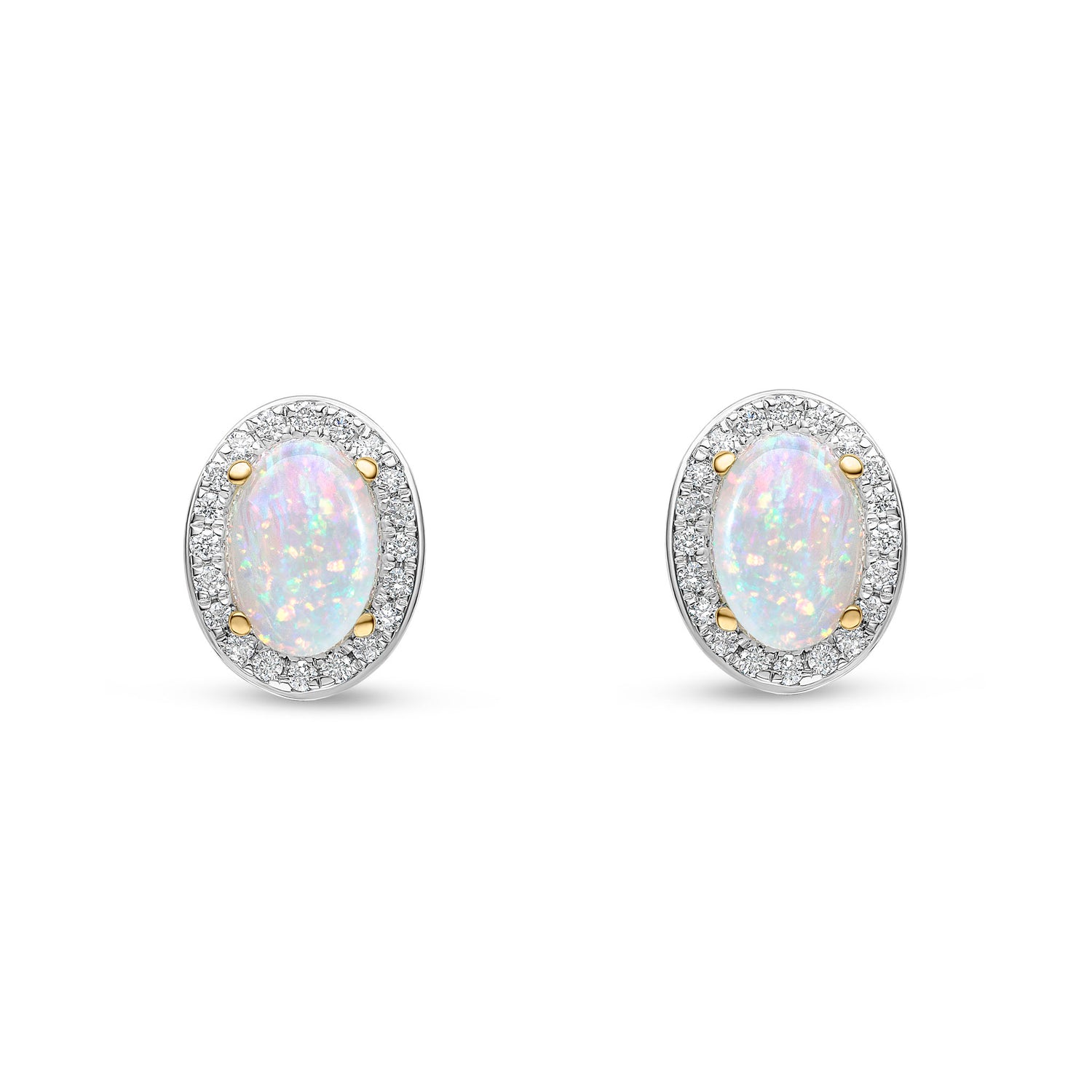 18ct Yellow Gold Oval Natural Opal and Diamond Cluster Earrings — 7x5mm