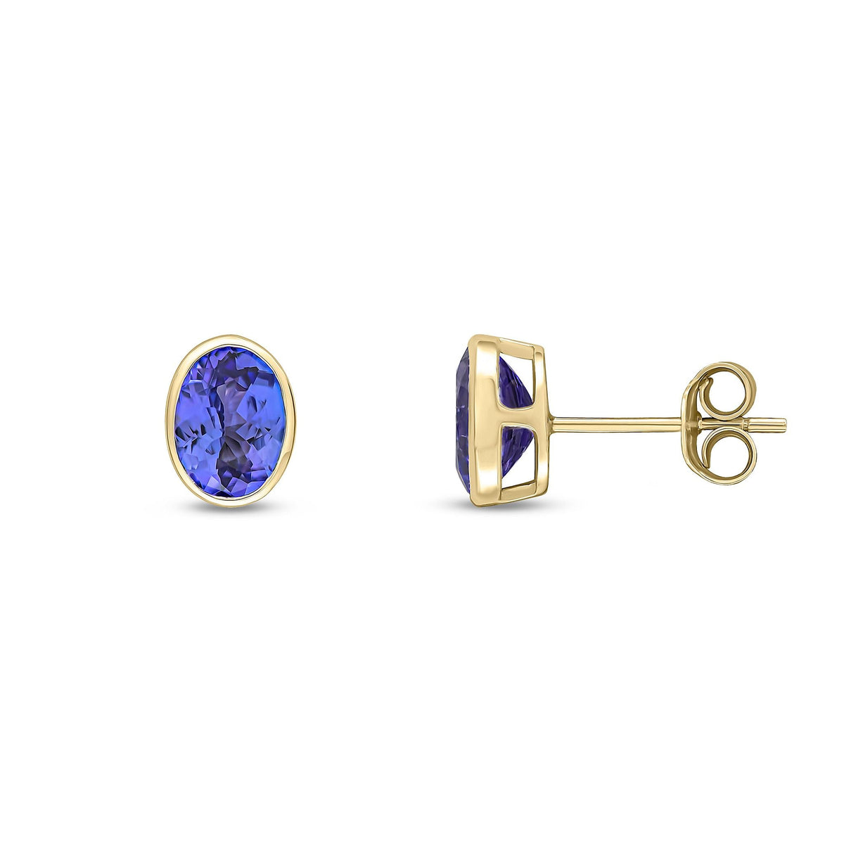 9ct Yellow Gold Oval Natural Tanzanite Rubover Stud Earrings — 7x5mm