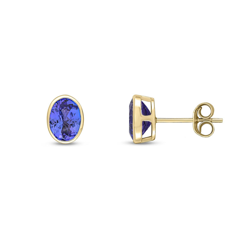 9ct Yellow Gold Oval Natural Tanzanite Rubover Stud Earrings — 7x5mm