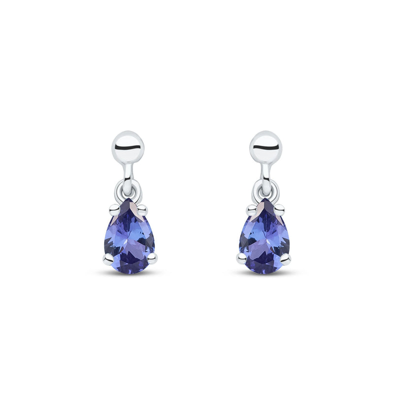 9ct White Gold Pear Shaped Natural Tanzanite Claw Drop Earrings — 6x4mm
