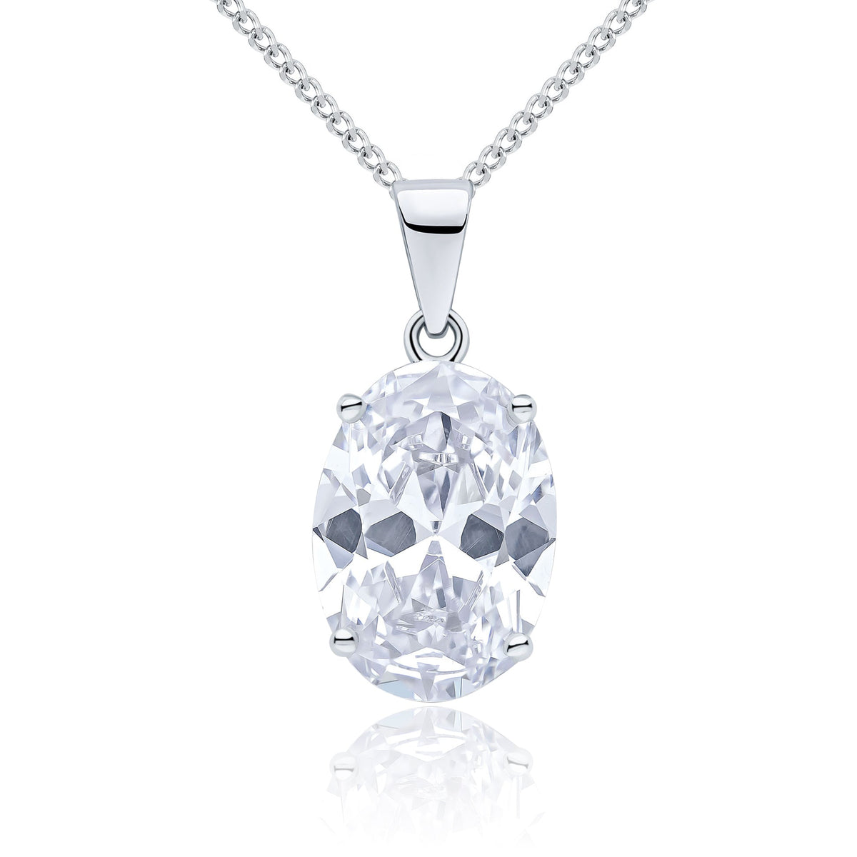 9ct White Gold Oval Cubic Zirconia Claw Pendant — 14 × 10mm