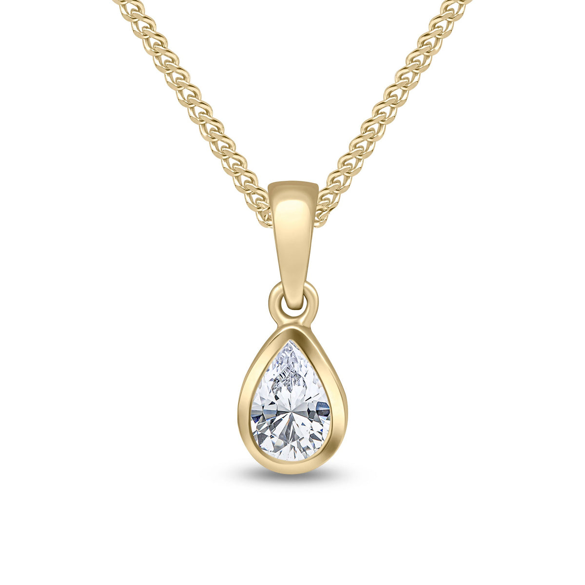 9ct Yellow Gold Pear Shaped Cubic Zirconia CZ Rubover Pendant — 6x4mm