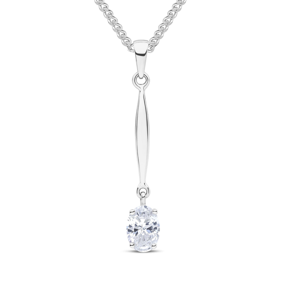 9ct White Gold Oval Cubic Zirconia CZ Claw Bar Drop Pendant — 7x5mm