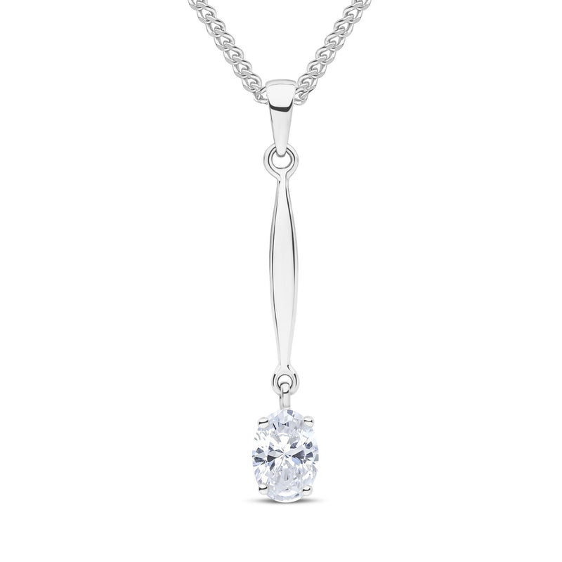 9ct White Gold Oval Cubic Zirconia CZ Claw Bar Drop Pendant — 7x5mm