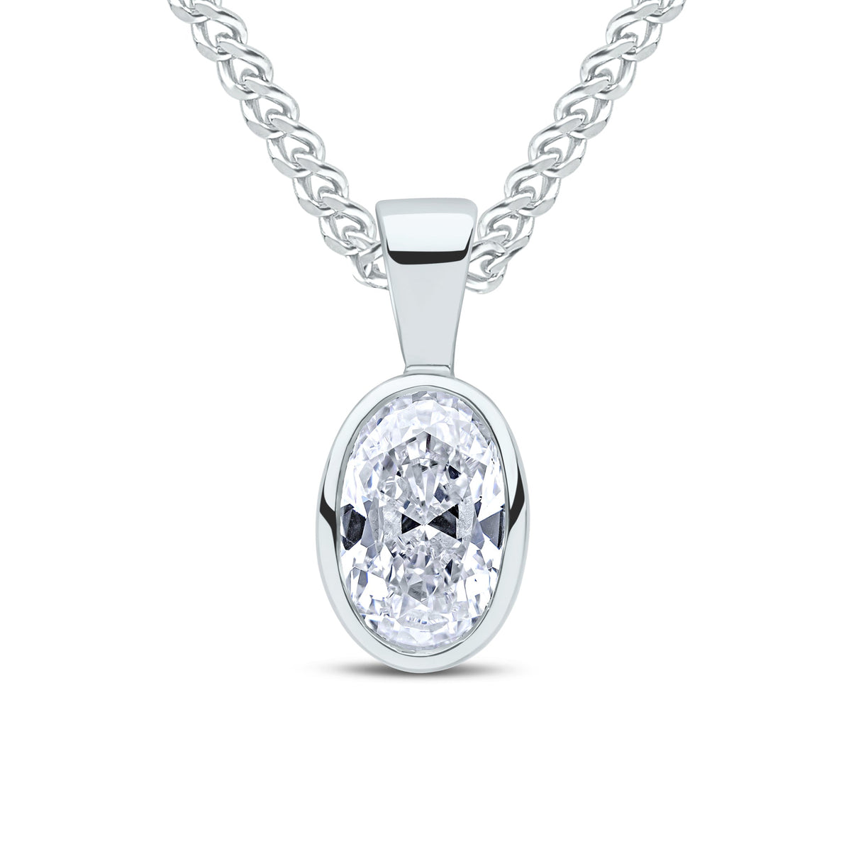 9ct White Gold Oval Cubic Zirconia CZ Rubover Pendant — 7x5mm