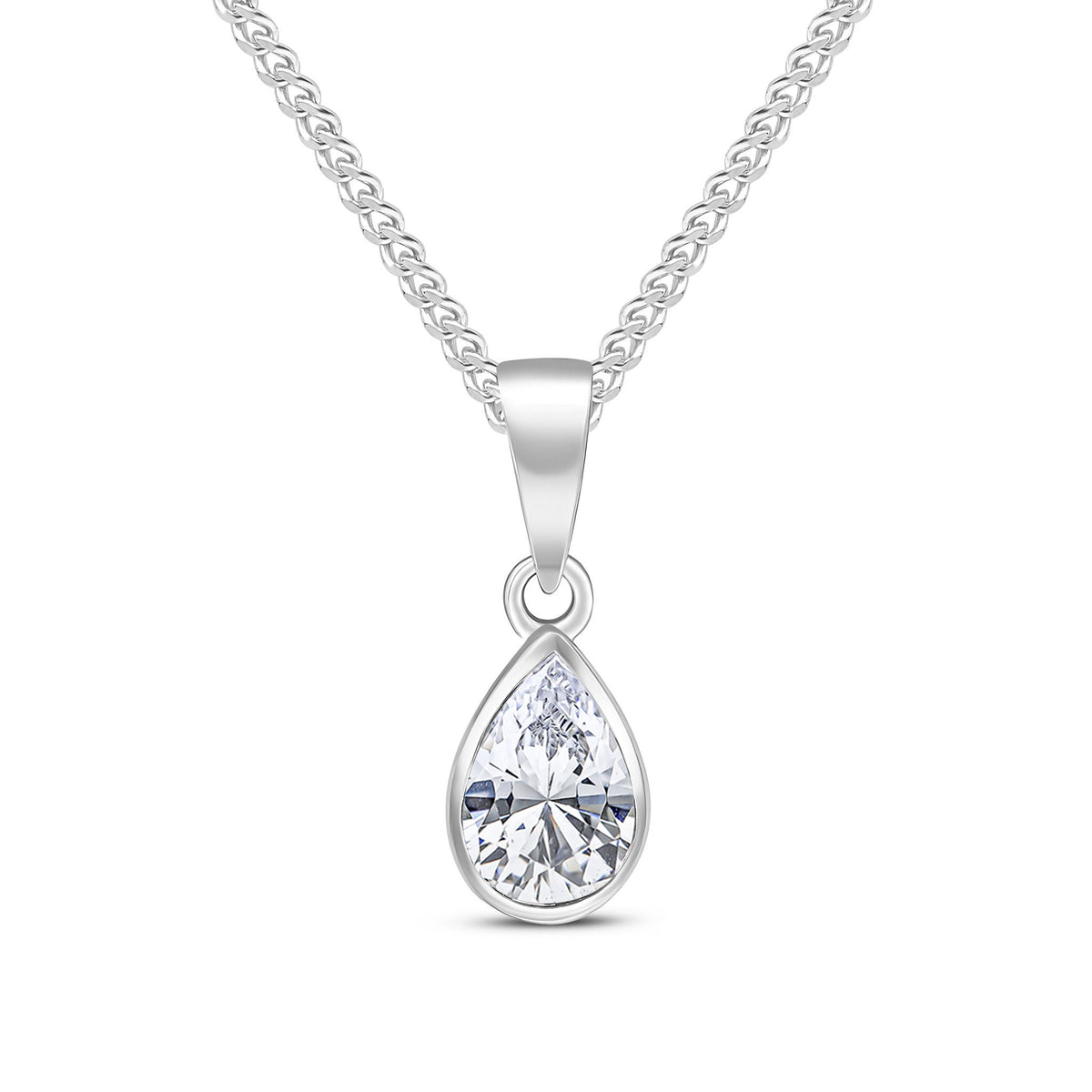 9ct White Gold Pear Shaped Cubic Zirconia CZ Rubover Pendant — 7x5mm