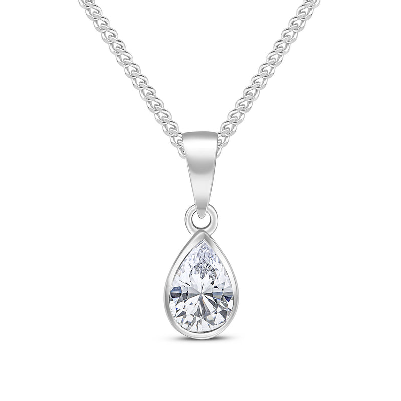 9ct White Gold Pear Shaped Cubic Zirconia CZ Rubover Pendant — 7x5mm