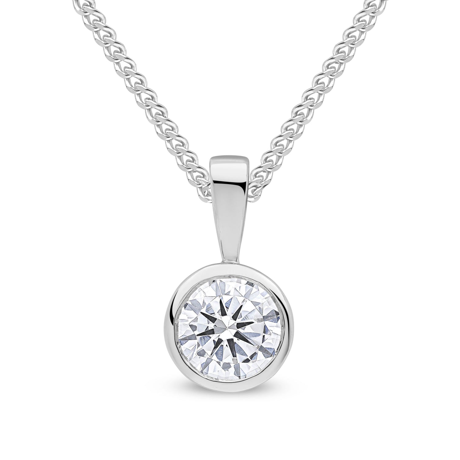 9ct White Gold Round Cubic Zirconia Rubover Pendant — 6mm