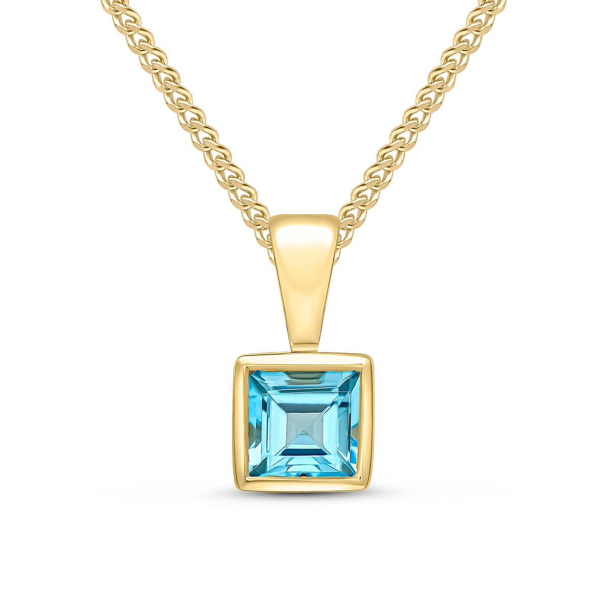 9ct Yellow Gold Square Natural Swiss Blue Topaz Rubover Pendant — 4mm