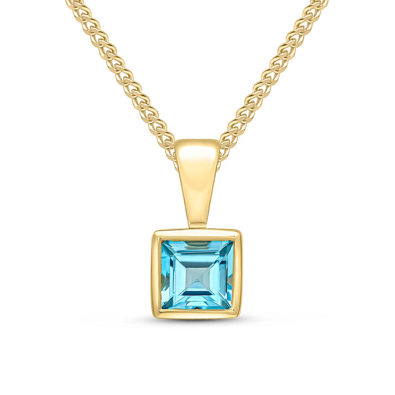 9ct Yellow Gold Square Natural Swiss Blue Topaz Rubover Pendant — 4mm