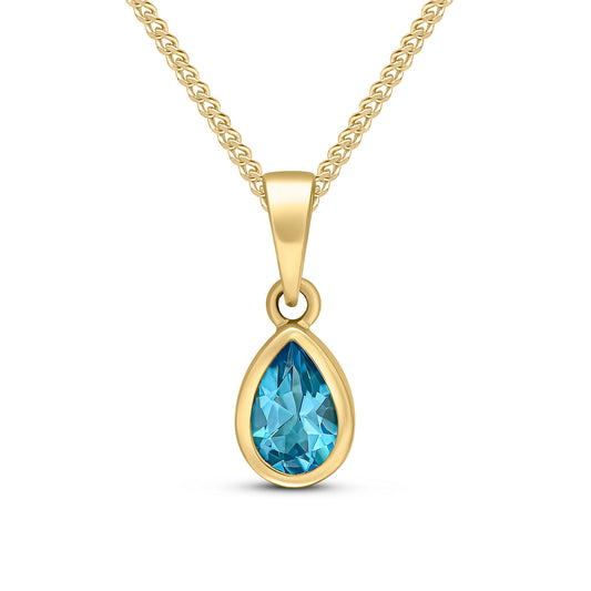 9ct Yellow Gold Pear Shaped Natural Swiss Blue Topaz Rubover Pendant — 6x4mm