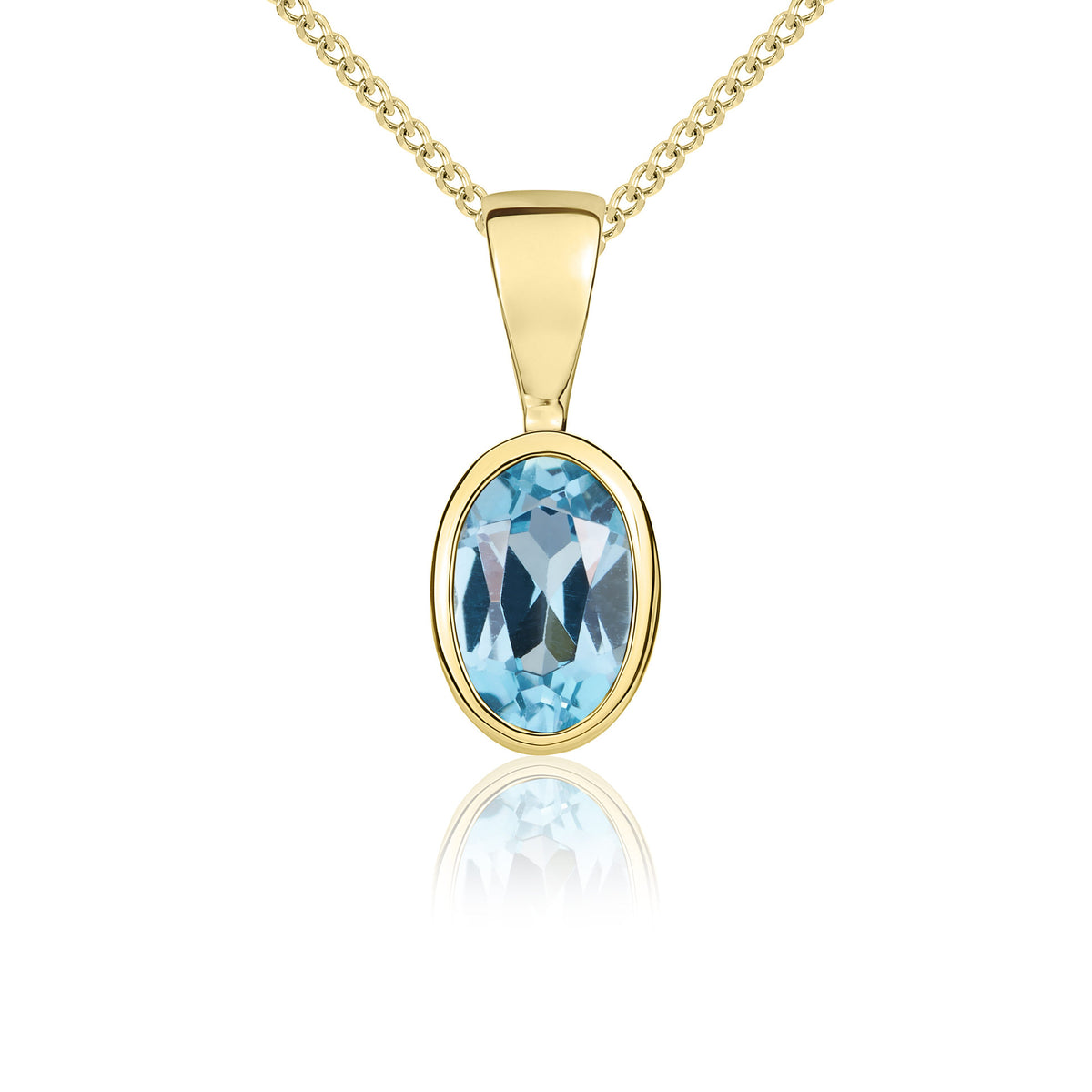 9ct Yellow Gold Oval Natural Swiss Blue Topaz Rubover Pendant — 6x4mm