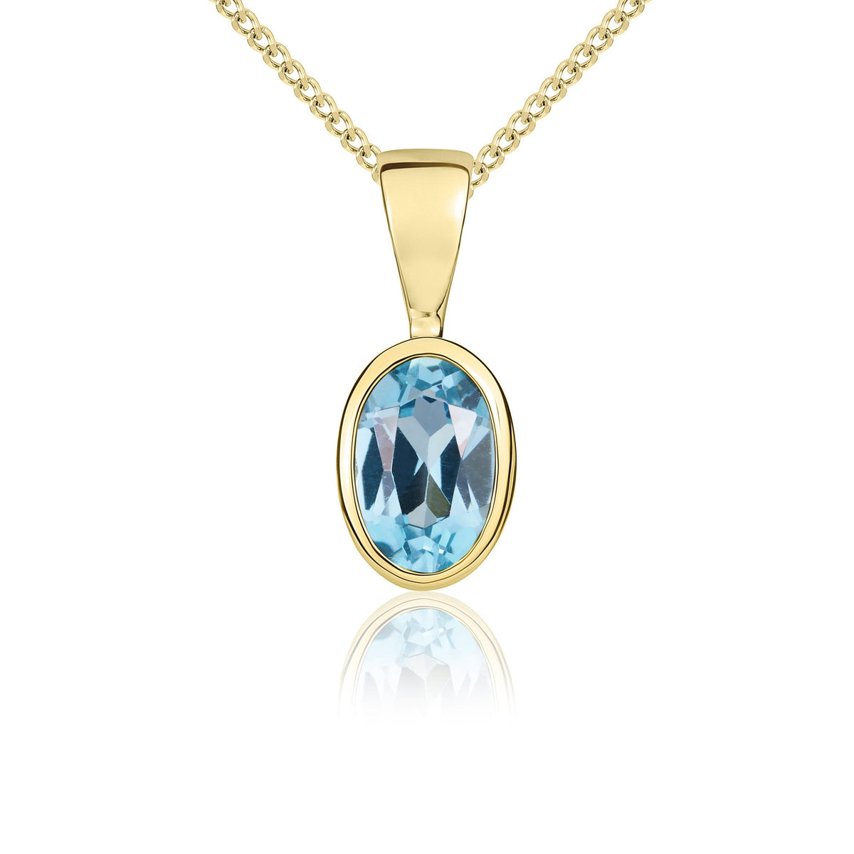 9ct Yellow Gold Oval Natural Swiss Blue Topaz Rubover Pendant — 6x4mm