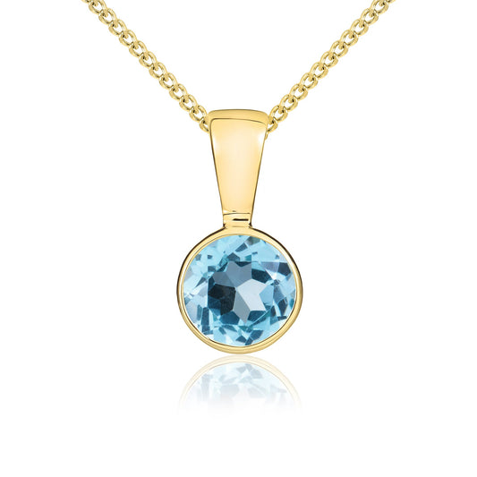 9ct Yellow Gold Round Swiss Blue Topaz Rubover Pendant — 5mm