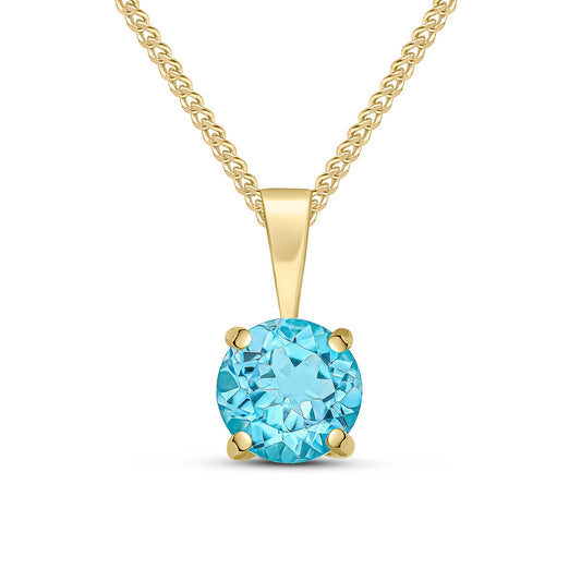9ct Yellow Gold Round Natural Swiss Blue Topaz Claw Pendant — 6mm
