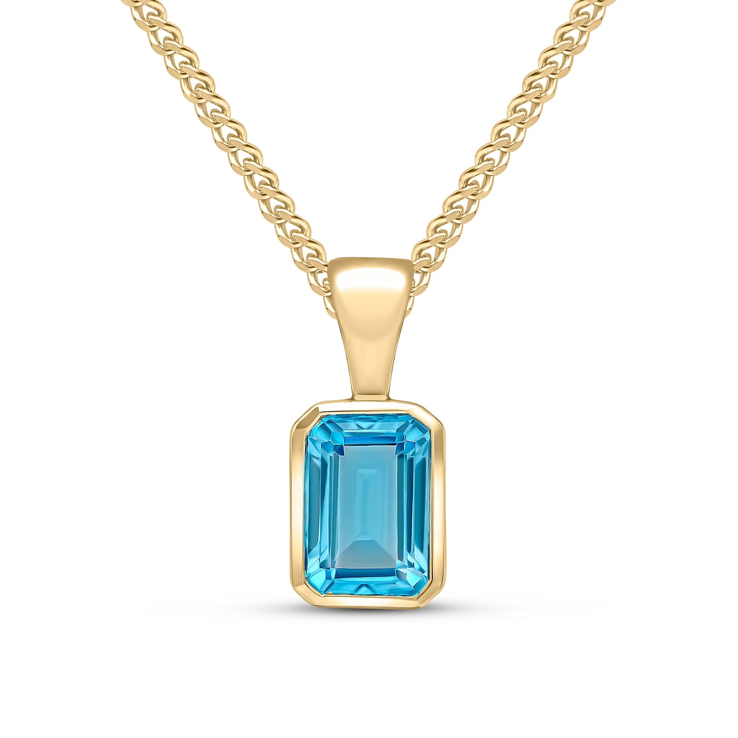 9ct Yellow Gold Octagonal Emerald Cut Natural Swiss Blue Topaz Rubover Pendant — 7x5mm