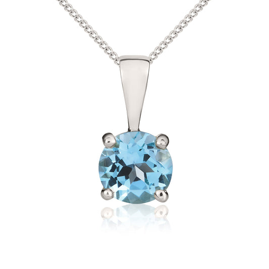 9ct White Gold Round Natural Swiss Blue Topaz Claw Set Pendant — 5mm
