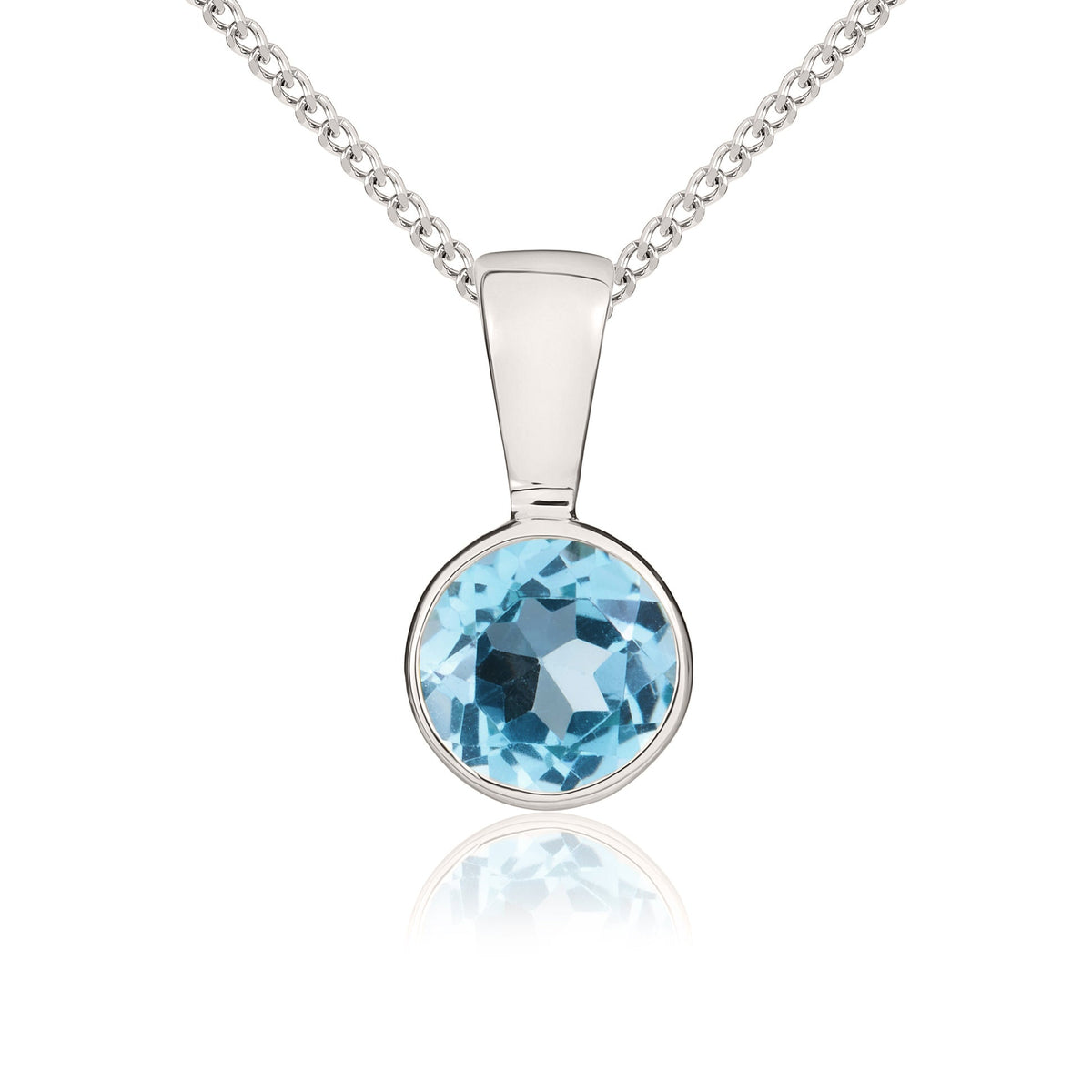 9ct White Gold Round Natural Swiss Blue Topaz Rubover Pendant — 5mm