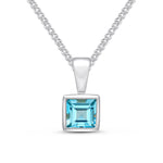 9ct White Gold Square Natural Swiss Blue Topaz Rubover Pendant — 4mm