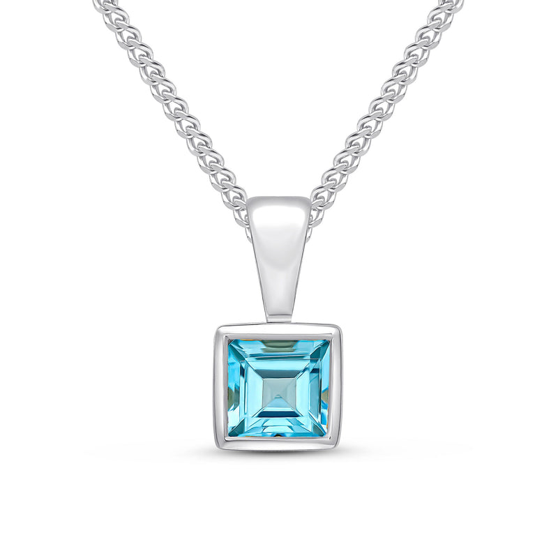 9ct White Gold Square Natural Swiss Blue Topaz Rubover Pendant — 4mm