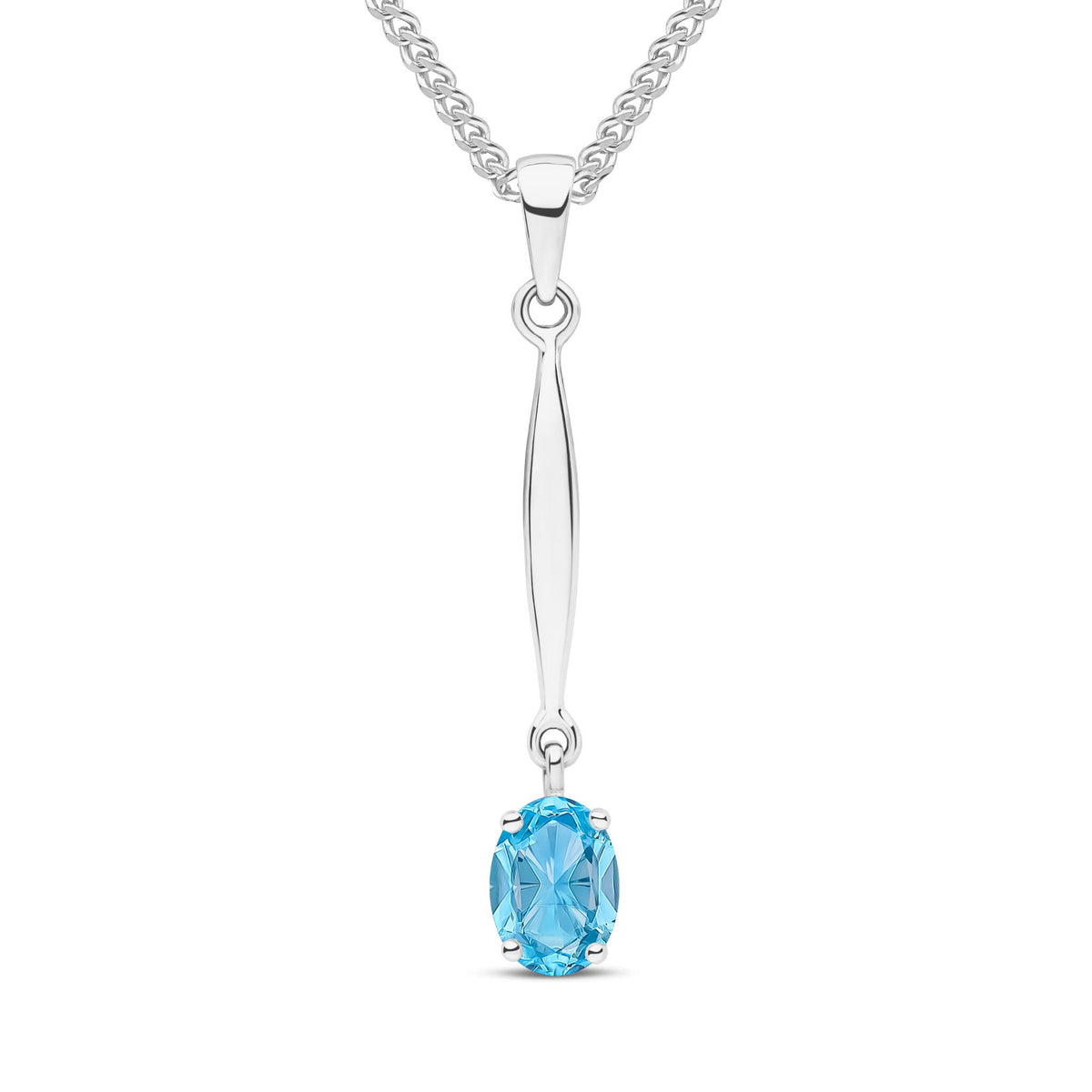 9ct White Gold Oval Natural Swiss Blue Topaz Claw Bar Drop Pendant — 7x5mm