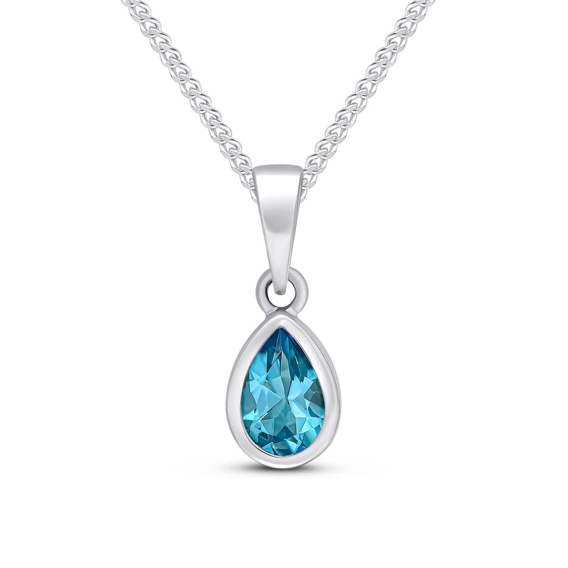 9ct White Gold Pear Shaped Natural Swiss Blue Topaz Rubover Pendant — 6x4mm