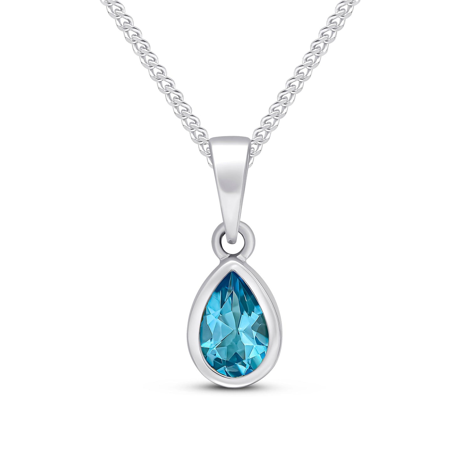 9ct White Gold Pear Shaped Natural Swiss Blue Topaz Rubover Pendant — 6x4mm