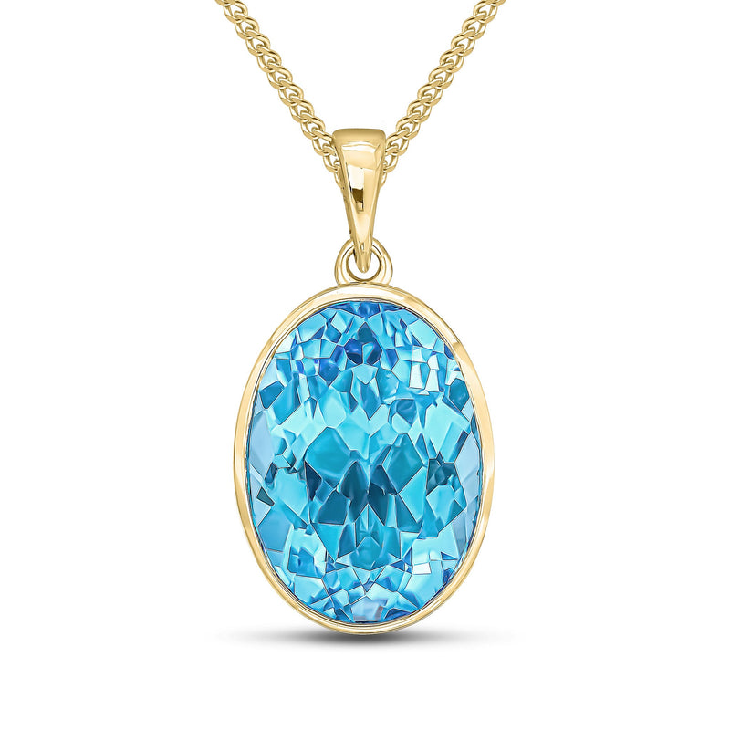9ct Yellow Gold Oval Natural Swiss Blue Topaz Rubover Pendant — 14x10mm