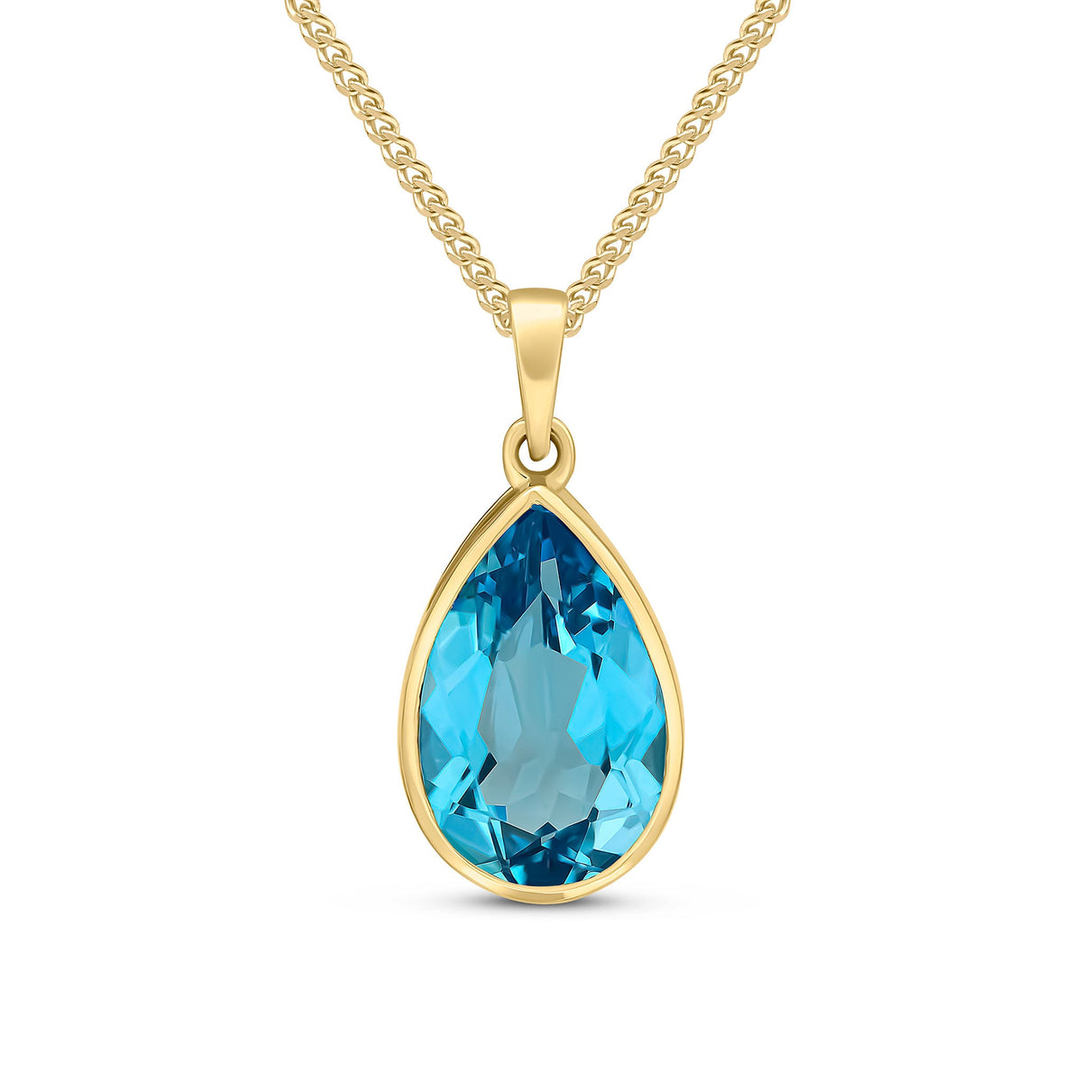 9ct Yellow Gold Pear Shaped Natural Swiss Blue Topaz Rubover Pendant — 14x9mm