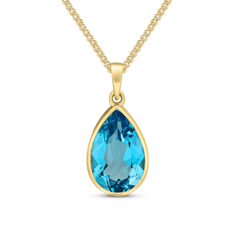 9ct Yellow Gold Pear Shaped Natural Swiss Blue Topaz Rubover Pendant — 14x9mm