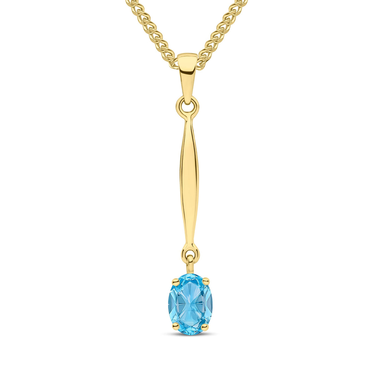 9ct Yellow Gold Oval Natural Swiss Blue Topaz Claw Bar Drop Pendant — 7x5mm
