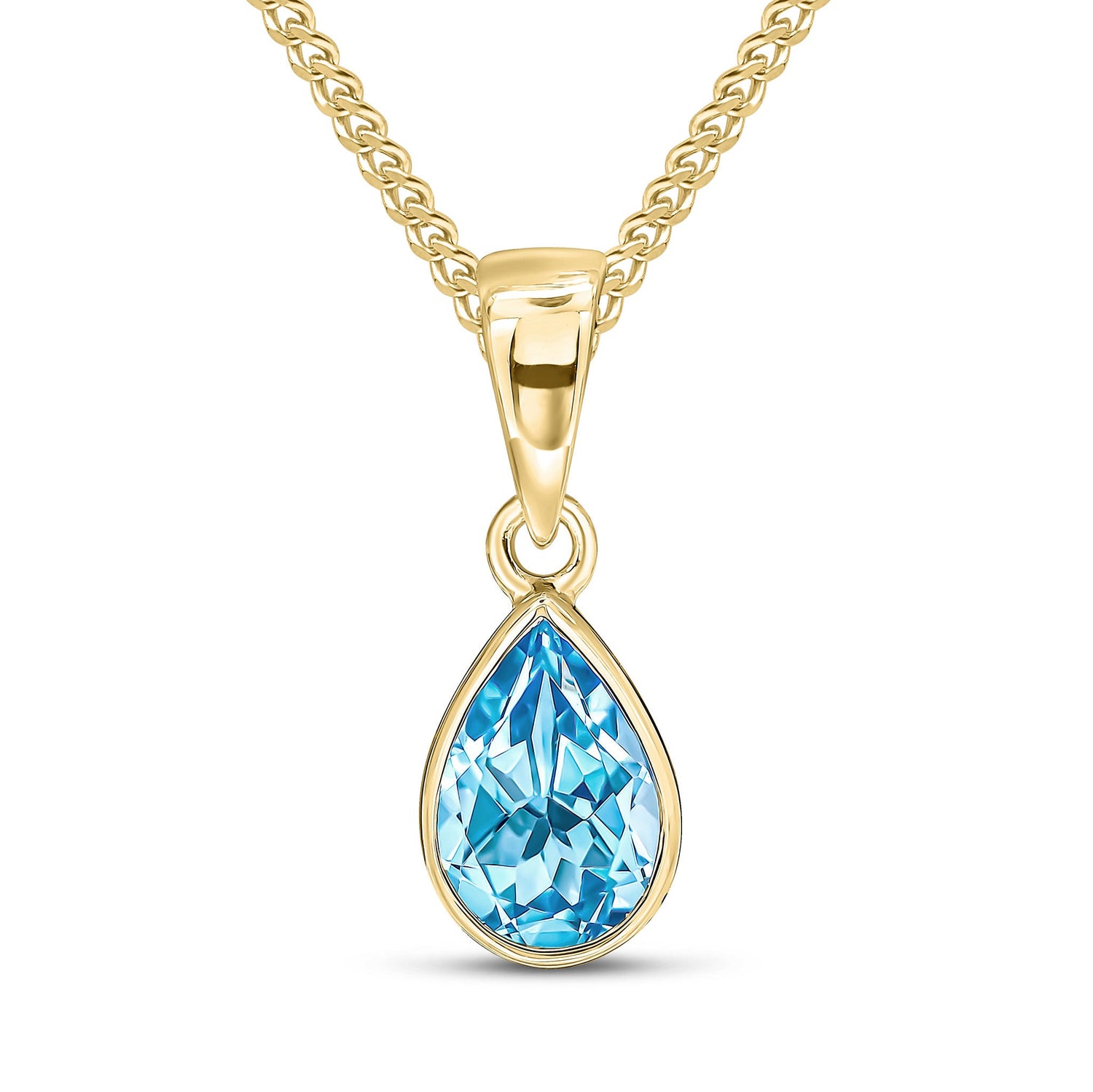 9ct Yellow Gold Pear Shaped Natural Swiss Blue Topaz Rubover Pendant —7x5mm