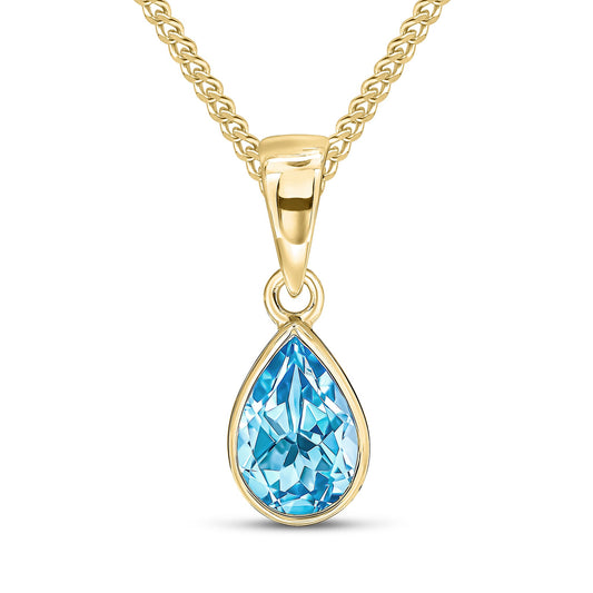 9ct Yellow Gold Pear Shaped Natural Swiss Blue Topaz Rubover Pendant —7x5mm