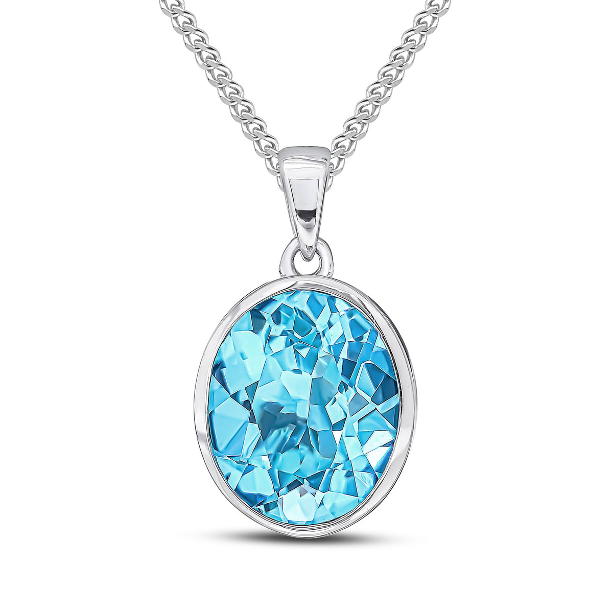 9ct White Gold Oval Natural Swiss Blue Topaz Rubover Pendant — 12x10mm