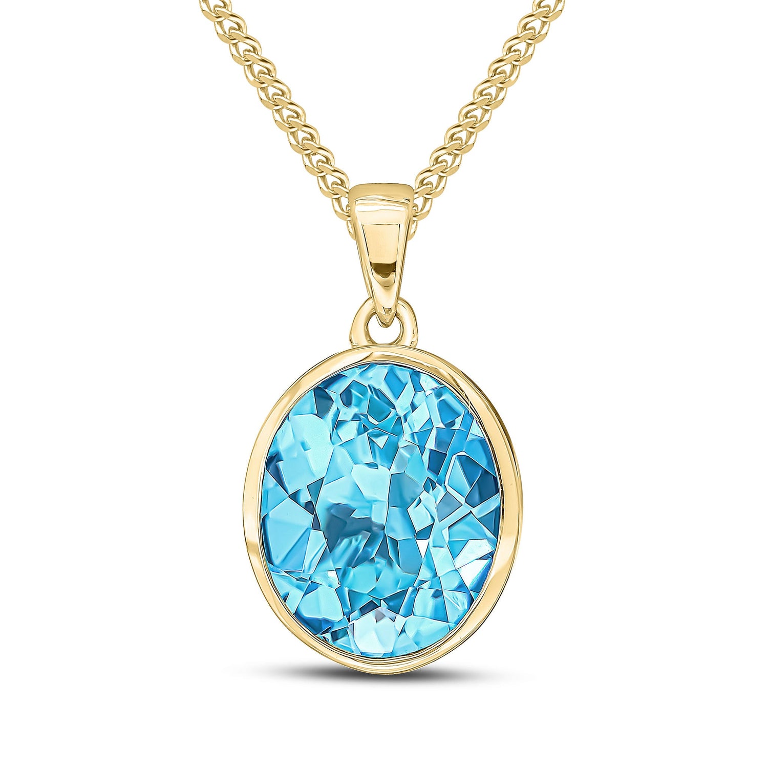 9ct Yellow Gold Oval Natural Swiss Blue Topaz Rubover Pendant — 12x10mm