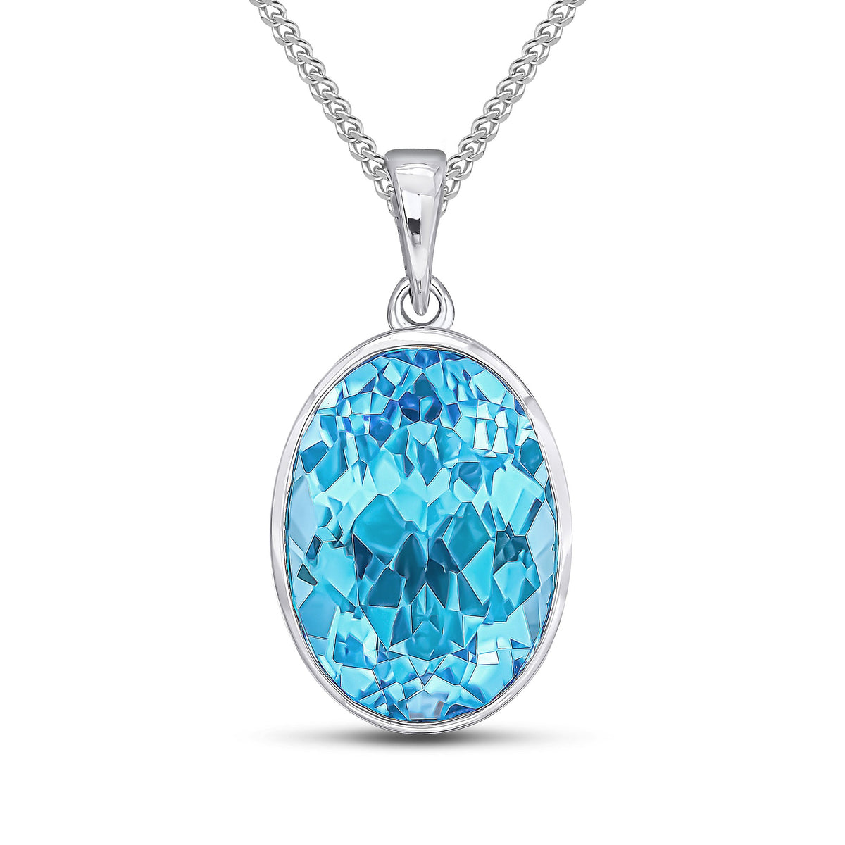 9ct White Gold Oval Natural Swiss Blue Topaz Rubover Pendant — 14x10mm