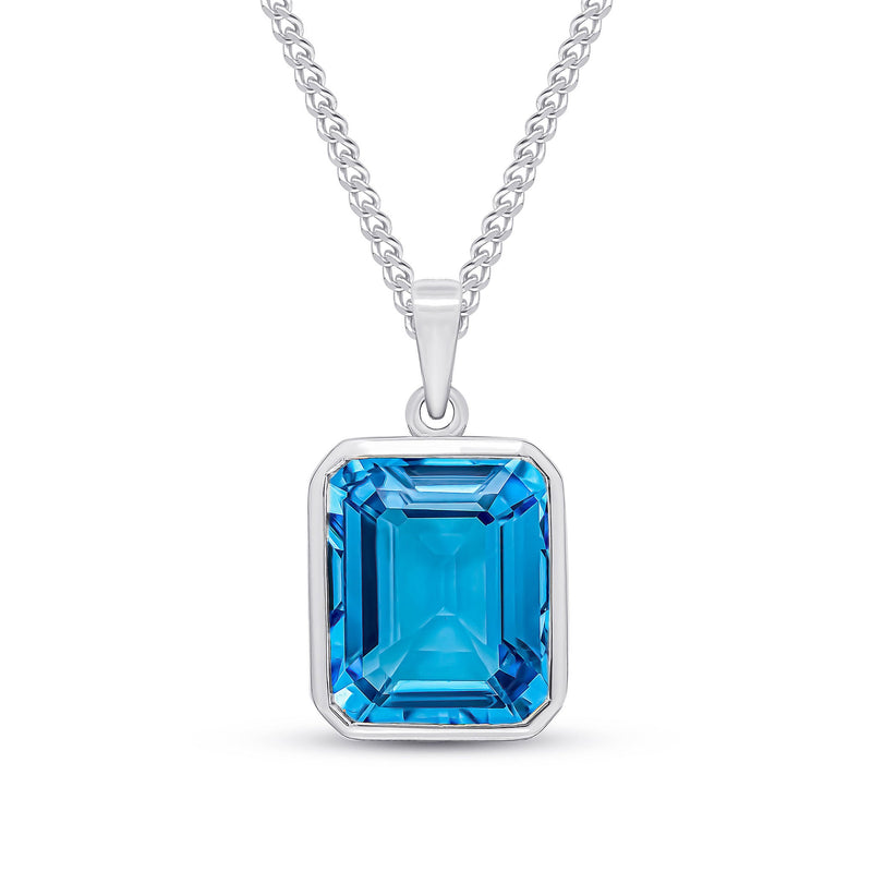 9ct White Gold Octagonal Natural Swiss Blue Topaz Rubover Pendant — 12x10mm