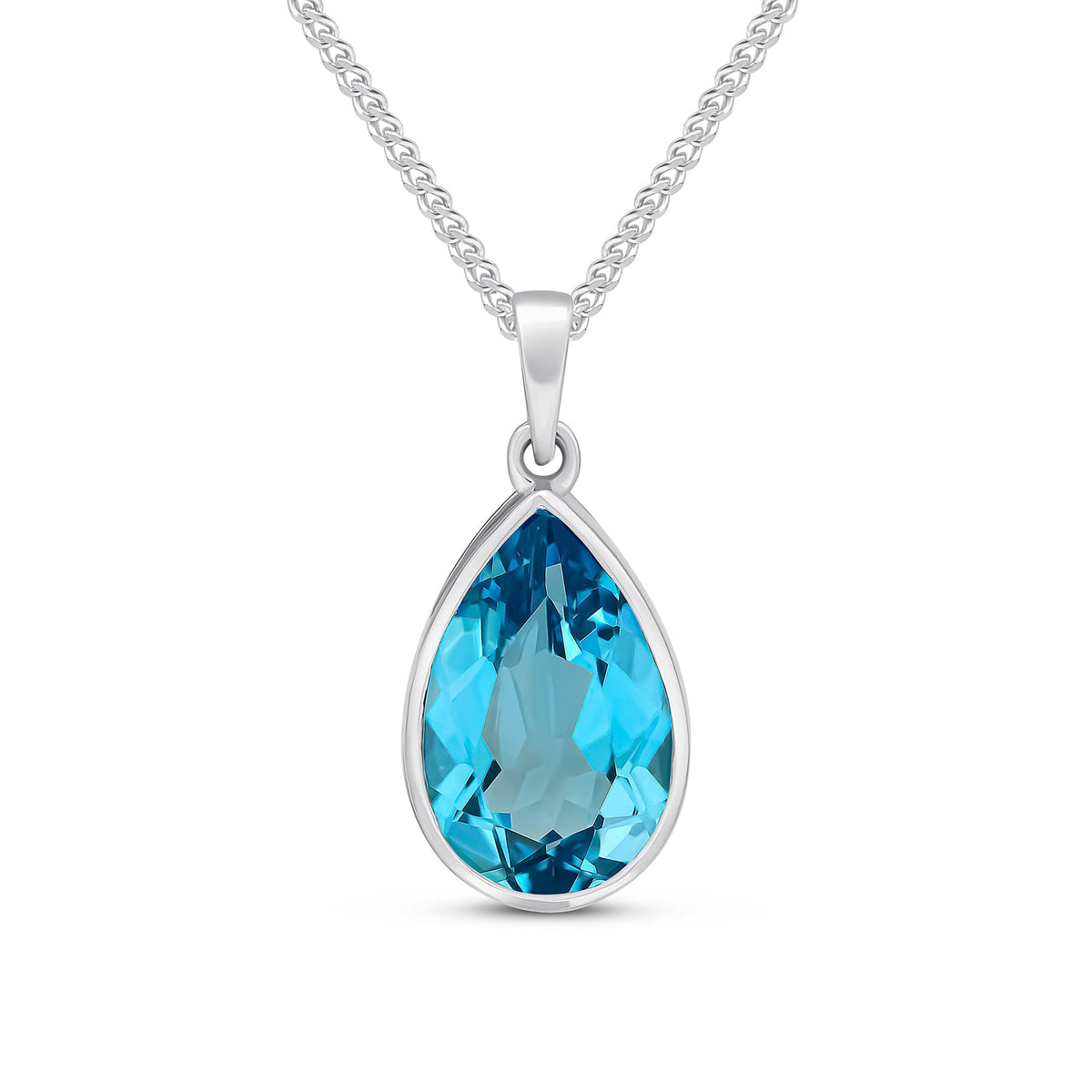 9ct White Gold Pear Shaped Natural Swiss Blue Topaz Rubover Pendant — 14x9mm