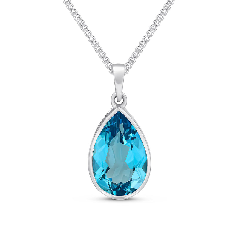 9ct White Gold Pear Shaped Natural Swiss Blue Topaz Rubover Pendant — 14x9mm